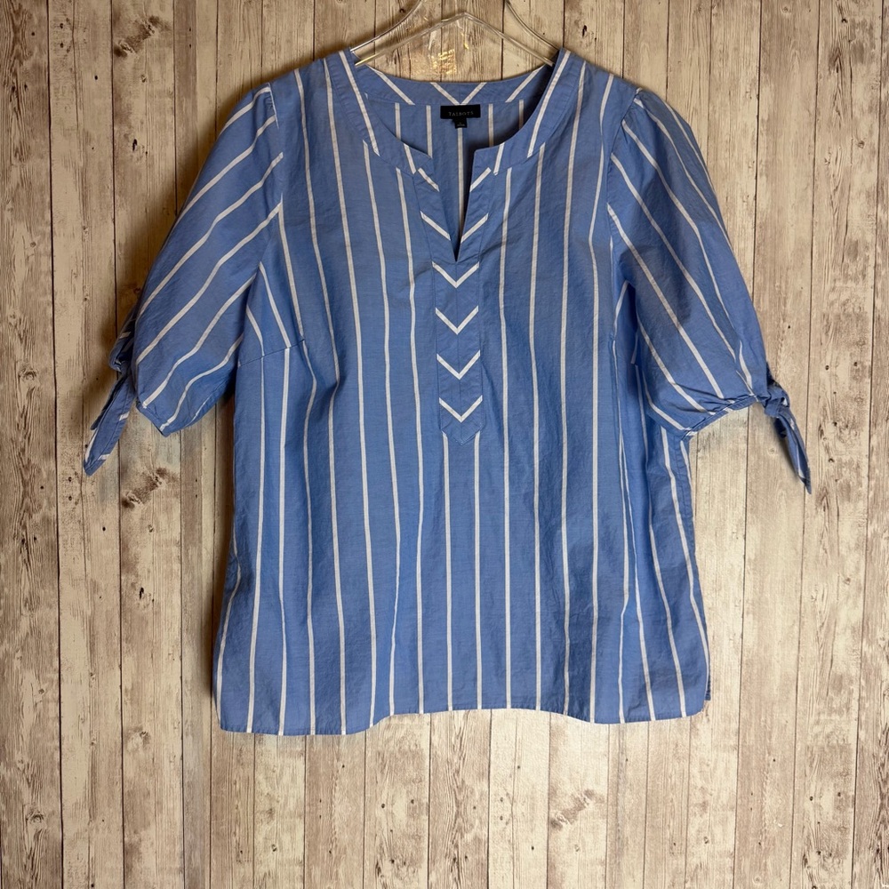 Talbots Blue Fancy Stripe Tie Sleeve Top - Picture 2 of 9